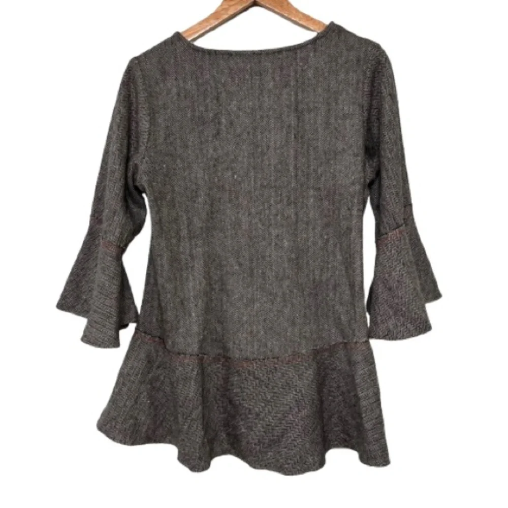 Paper Lace Black/Grey Herringbone Wool Blend Bell Sleeve Embroidered Blouse S - Picture 2 of 6